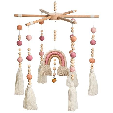 Baby Crib Mobile - Rainbow Crib Mobile Wooden Mobile with Colorful Cotton Ball Wool Felt Ball Boh... | Amazon (US)