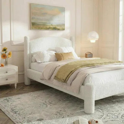 Boucle Bed Frame, Upholstered Platform Cloud Bed with Soft Round Headboard & Cylindrical Legs, Heavy Duty & Noise Free, No Box Spring Needed, Easy Ass | Wayfair North America