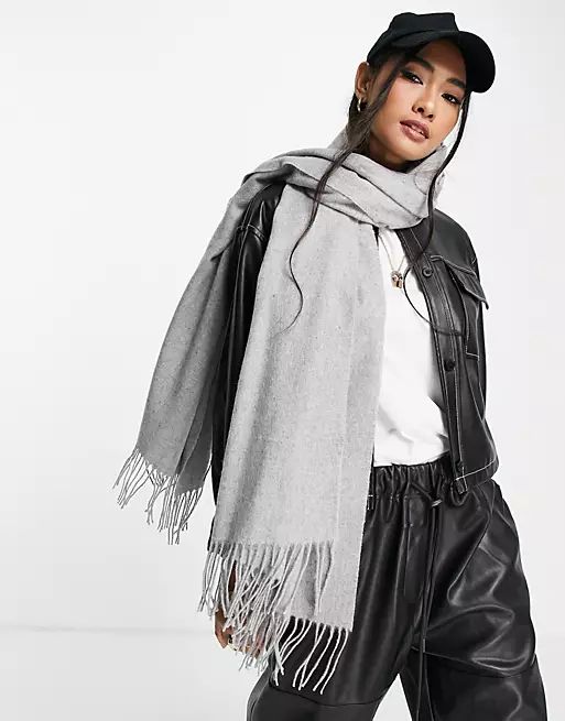 ASOS DESIGN oversized wool-blend scarf with tassels in gray | ASOS (Global)