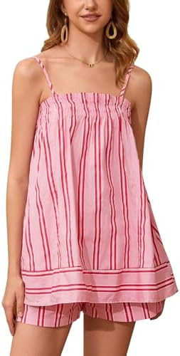 calbatic Women 2 Piece Lounge Set Striped Summer Pajama Set Sleeveless Peplum Cami Top and Wide L... | Amazon (US)