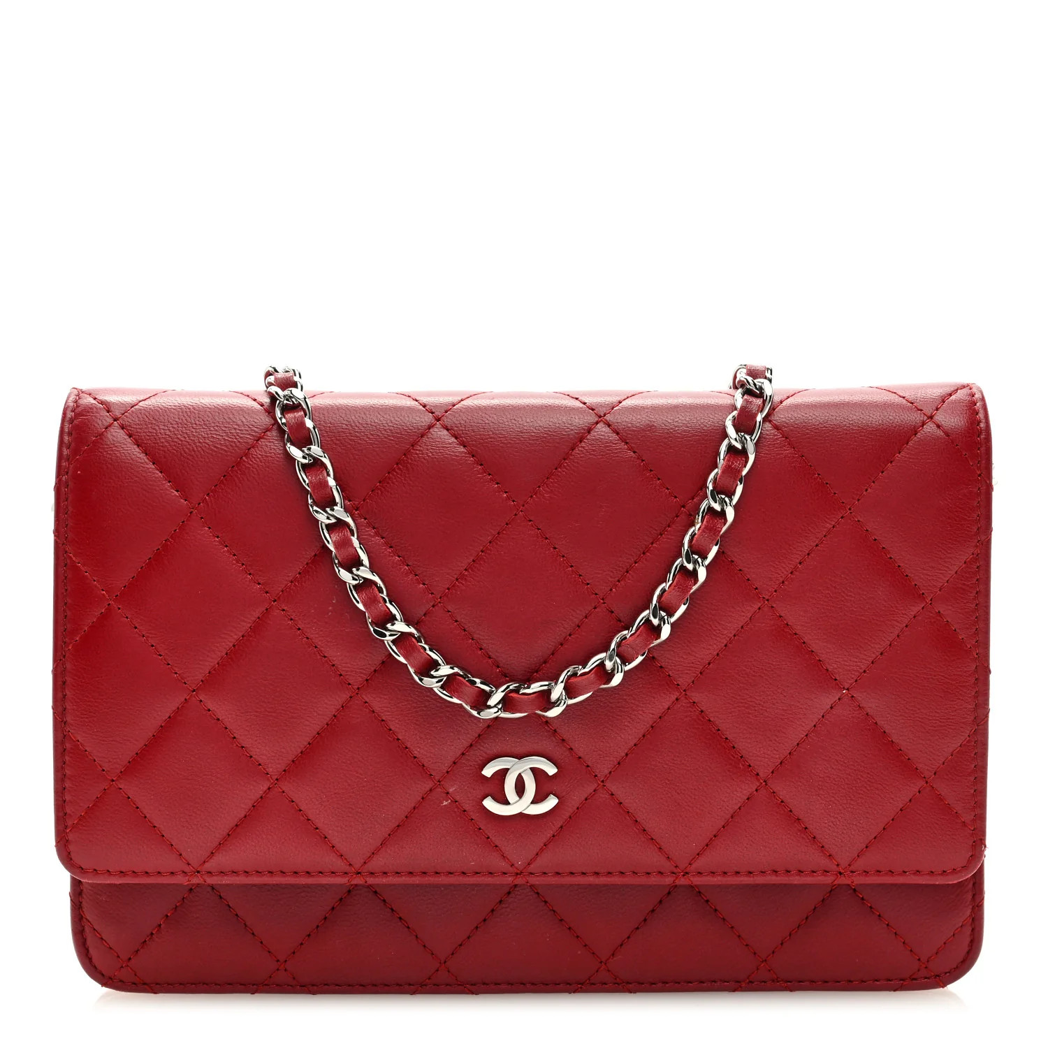 Lambskin Quilted Wallet On Chain WOC Red | FASHIONPHILE (US)