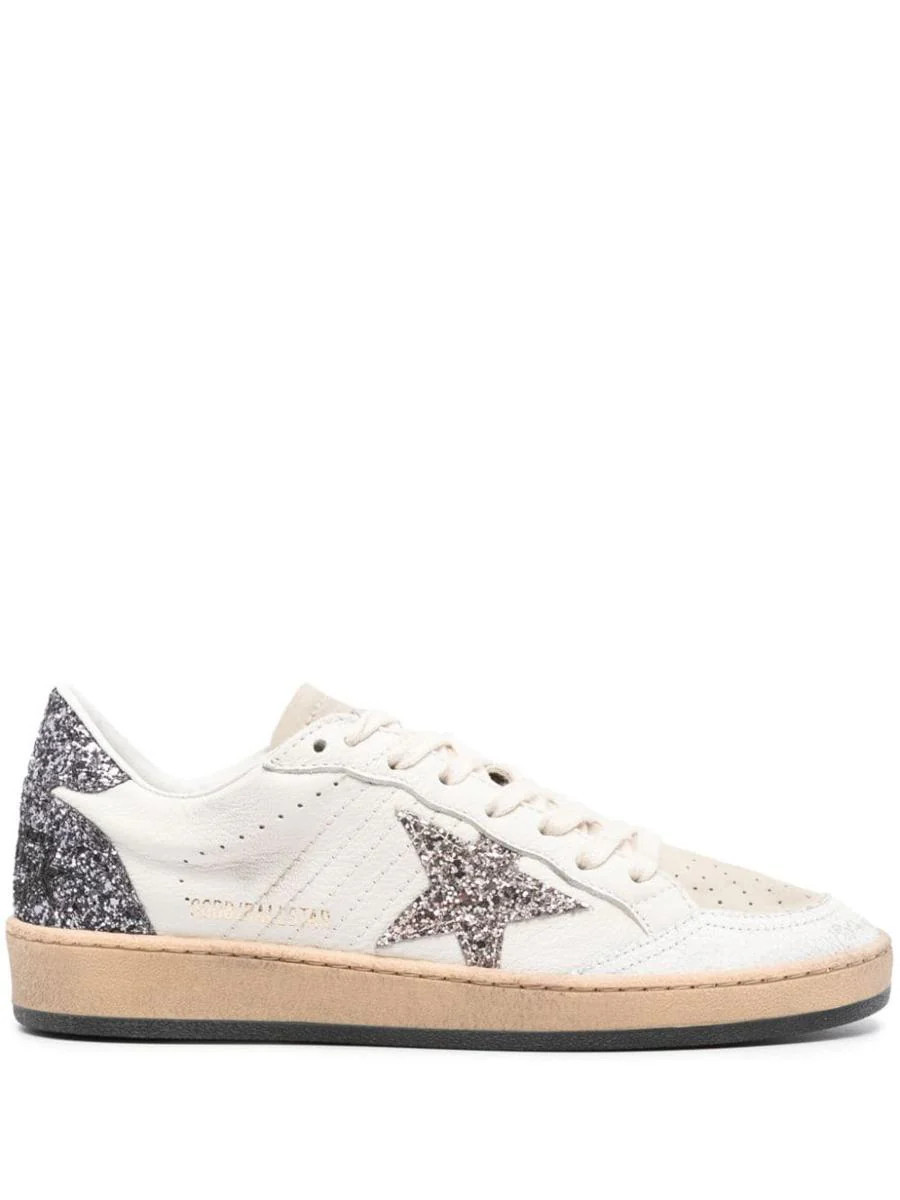 Golden Goose Leather Ball Star Sneakers With Glitter | Baltini