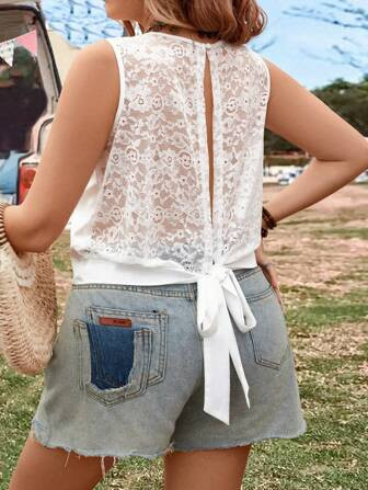 SHEIN LUNE Plus Size Knotted Sheer Lace Back Round Neck Tank Top | SHEIN USA | SHEIN