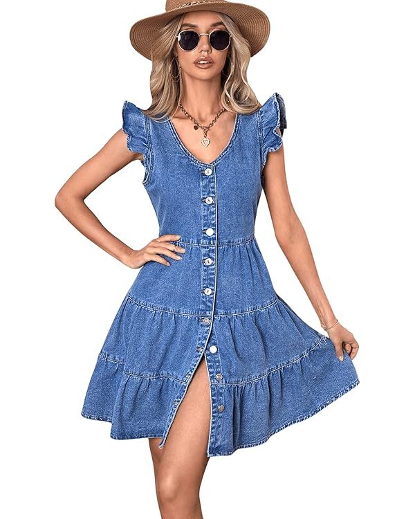 SweatyRocks Women's Cap Sleeve V Neck Button Front Dress A Line Ruffle Hem Denim Short Dresses | Amazon (US)