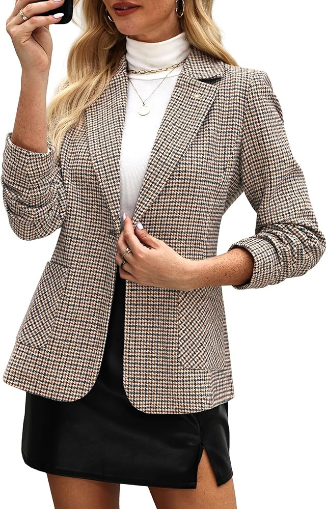 ELLEVEN 2025 Women's Houndstooth Plaid Blazers with Embroidered Collar, Business Casual Work Offi... | Amazon (US)