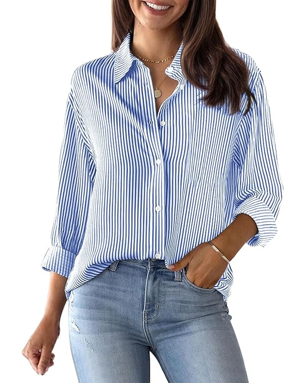 Womens Button Down Shirts Cotton Striped Dress Shirt Long Sleeve Collared Office Work Pinstripes ... | Amazon (US)