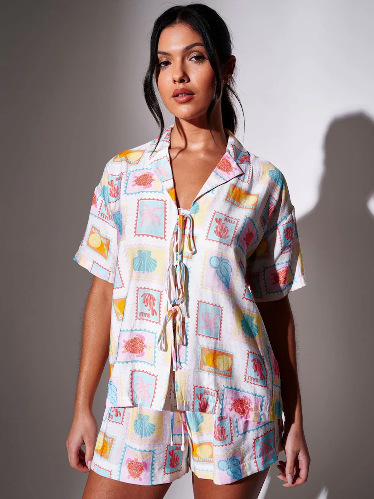 Kopen  South Beach Postcard Printed Tie Front Boxy Beach Shirt van Next Nederland | Next EU