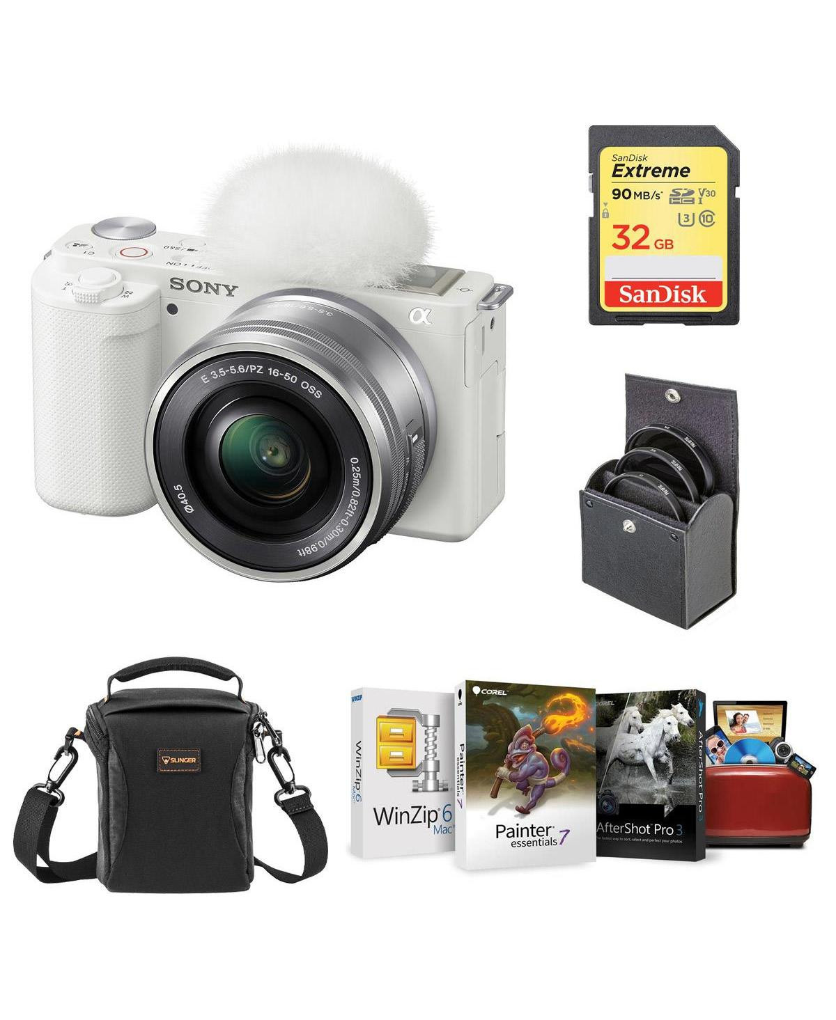 Sony Zv-E10 Mirrorless Camera with 16-50mm Lens, White Bundle with Mac Photo Editing Software Suite, 32GB Sd Memory Card, Shoulder Bag, 40.5mm Filter | Macy's