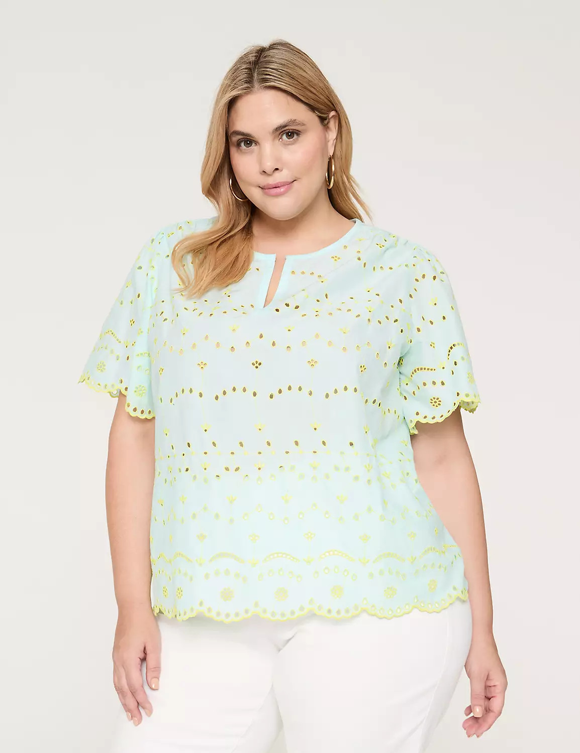 Eyelet Flutter-Sleeve Notch-Neck Top | Lane Bryant (US)