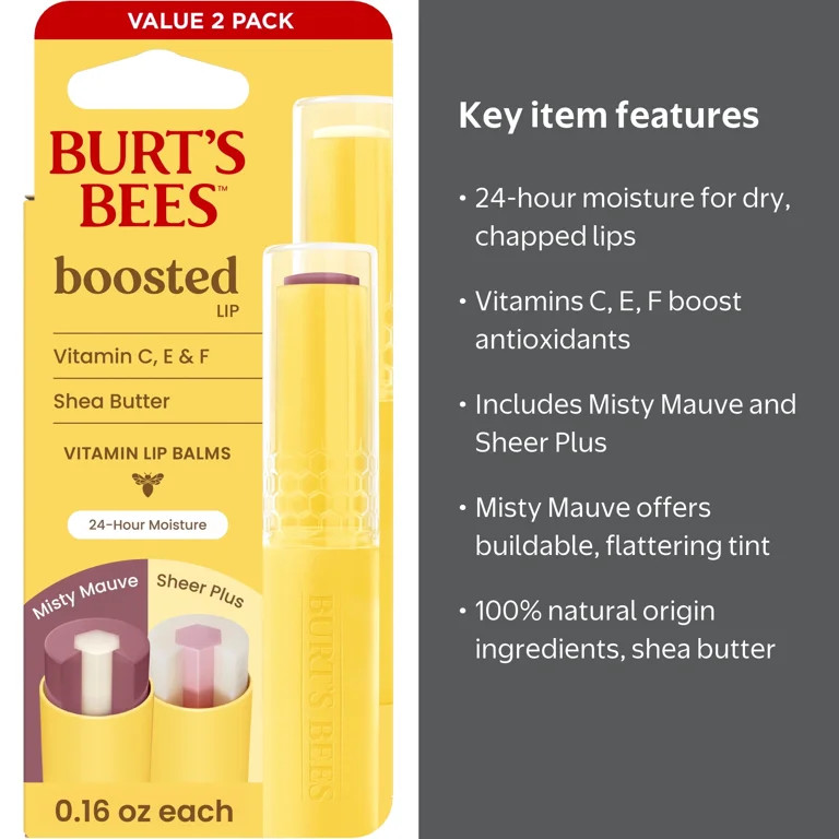 Burt's Bees Boosted Lip Balm Variety Pack, Misty Mauve & Sheer Plus, 2 Pack | Walmart (US)