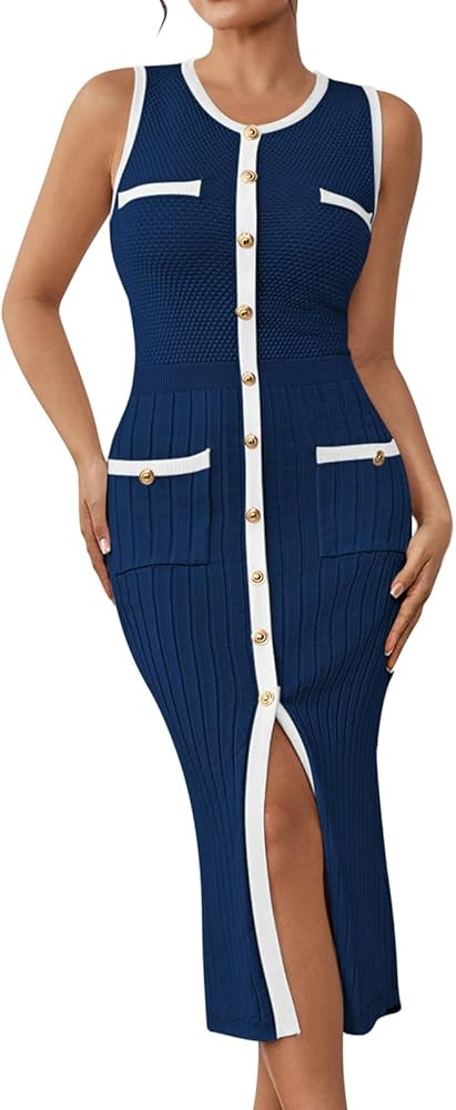 Pink Queen Women's Summer Sweater Dress Sleeveless Slim Fit Bodycon Midi Dresses | Amazon (US)