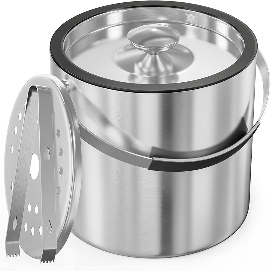 3.2L Insulated Ice Bucket with Silicone Lid, Tongs & Strainer, Double Wall Stainless Steel Ice Bu... | Amazon (US)
