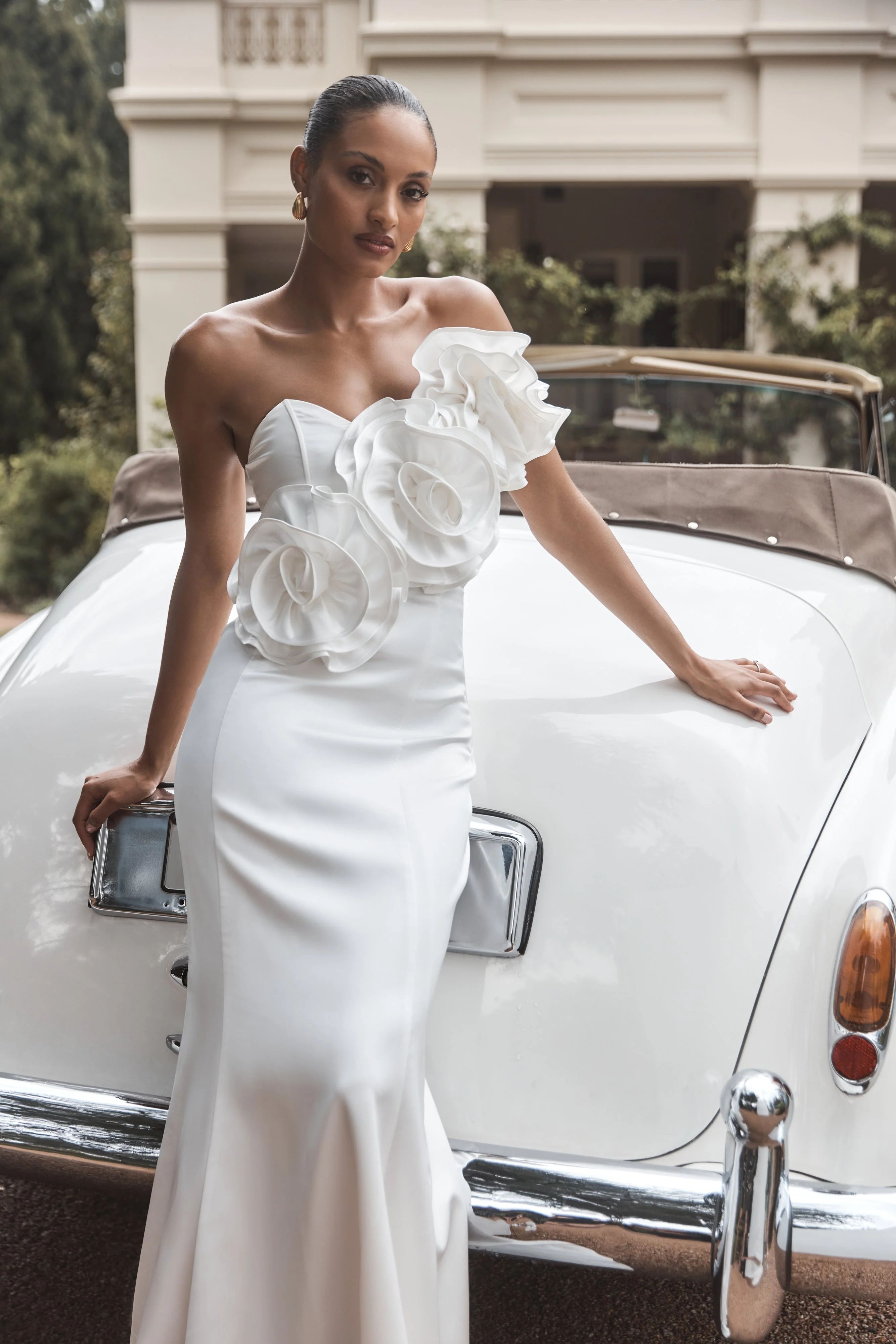 Olivia Strapless Satin Rose Wedding Gown - White | MESHKI US