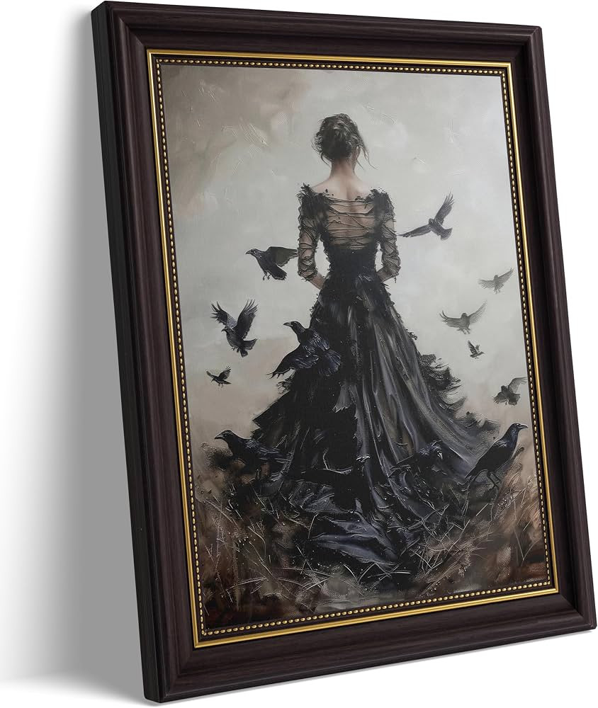 Dark Brown Framed 3D Texture Dark Academia Wall Art Gothic Raven and Woman Painting Picture Wall ... | Amazon (US)