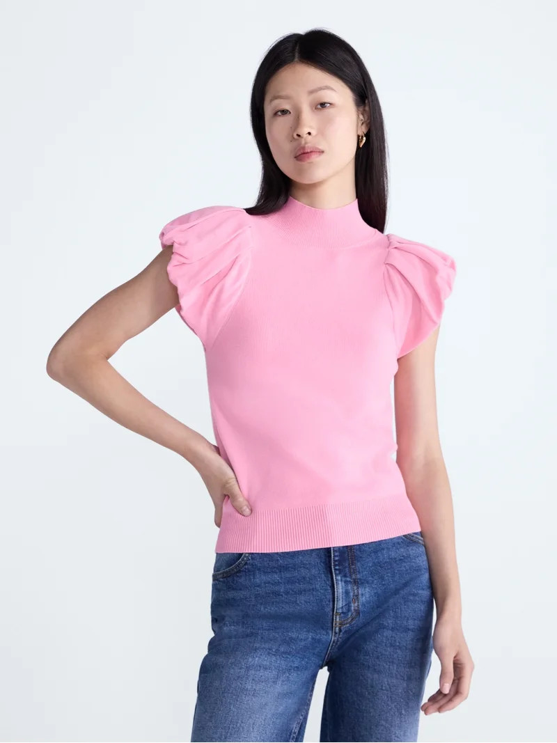 Scoop Women's Mock Neck Top with Bubble Cap Sleeves, Sizes XS-XXL | Walmart (US)