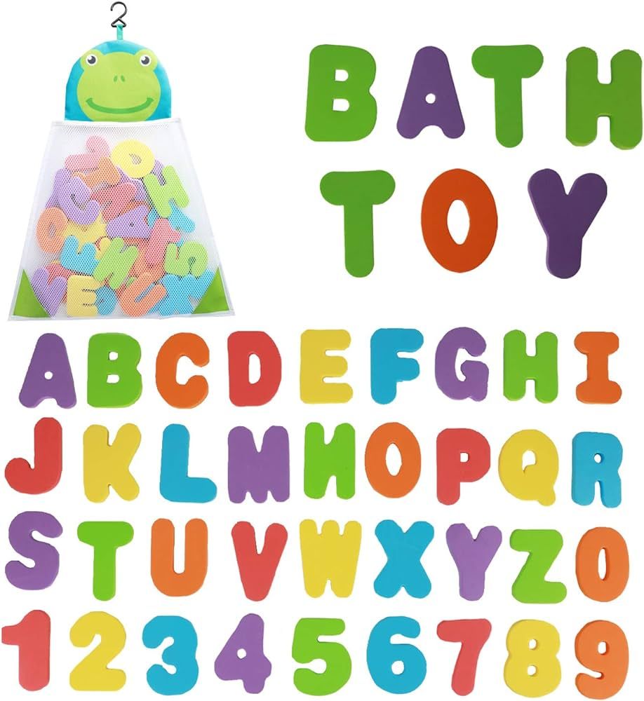 Bath Toys Organizer + 36 Soft Foam ABC 123 Letters & Numbers Bathroom Alphabet Baby Toys for Earl... | Amazon (US)