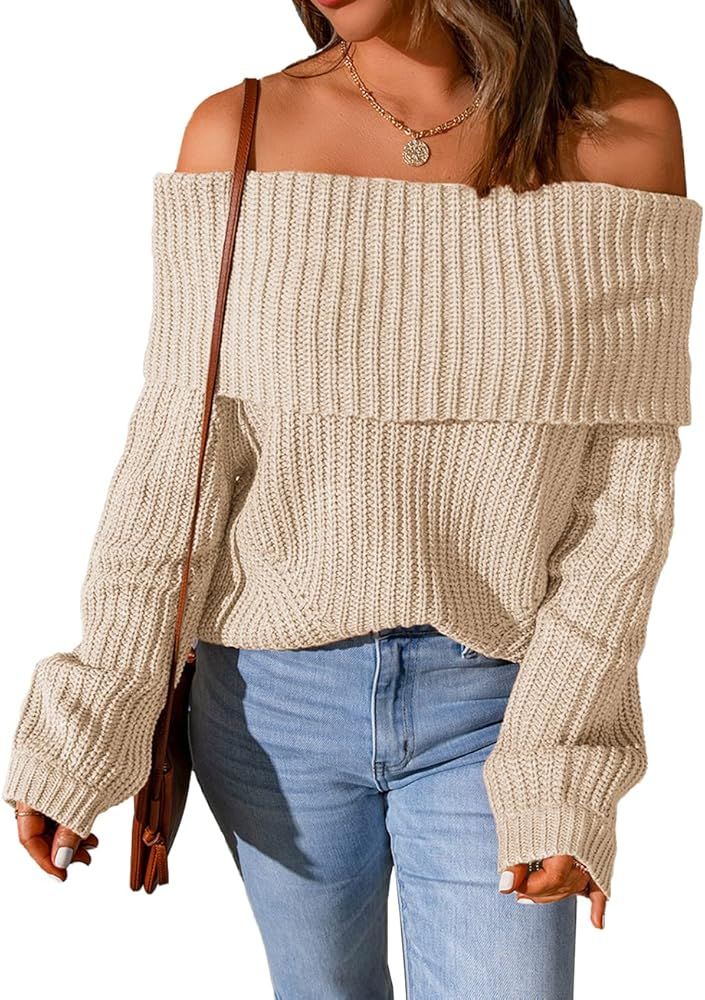 Potany Women's Casual Off Shoulder Sweaters Long Sleeve Solid Pullover Sweaters Front Off The Should | Amazon (US)