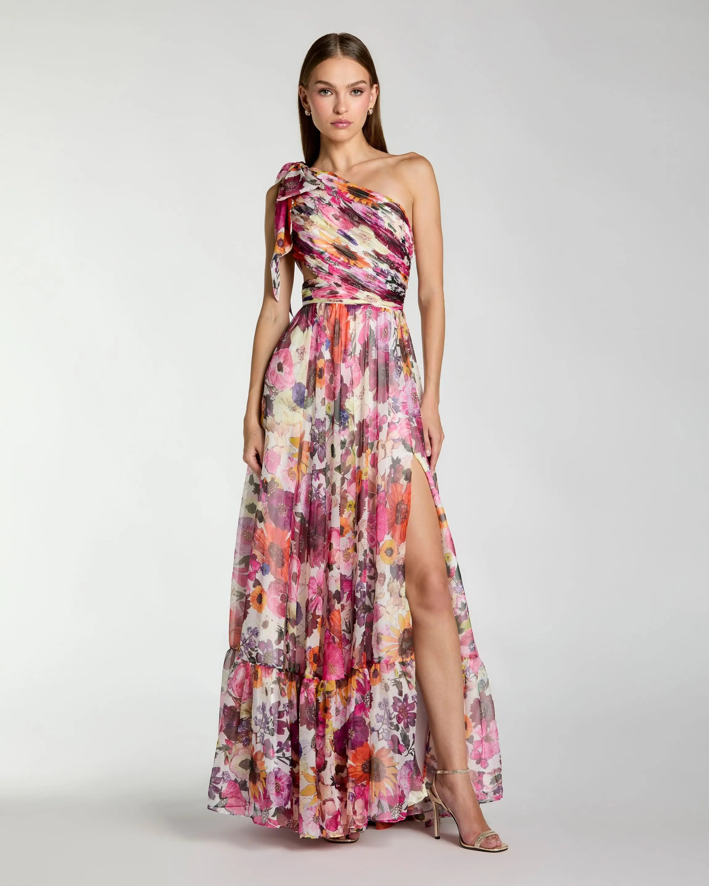 Multicolor One Shoulder Floral Printed Chiffon Side Cut Out Gown | Mac Duggal | Mac Duggal
