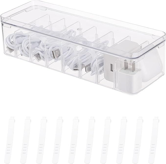 Yesesion Clear Plastic Cable Organizer Box with Adjustment Compartments, Desk Accessories Storage... | Amazon (US)