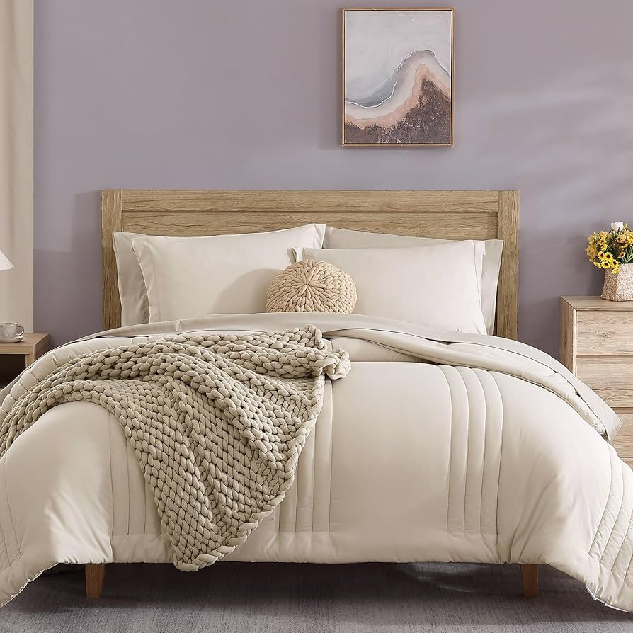 Monbix Queen Comforter Set - 7 Pieces Apricot Beige Bed in a Bag Queen Bedding Sets with Comforte... | Amazon (US)