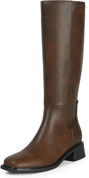 Knee High Boots Women Faux Leather Elastic Boots Low Heel Square Toe Side Zipper Fall Long Tall B... | Amazon (US)