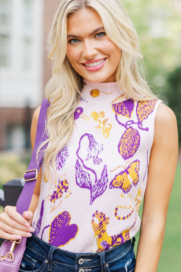 Fate: Tell It All Purple Printed Sleeveless Sweater | The Mint Julep Boutique