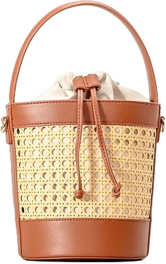 Rattan Bucket Bag for Women Straw Beach Bag Drawstring Crossbody Purse PU Leather Summer Shoulder... | Amazon (US)