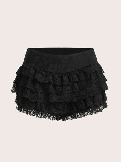 SHEIN ICON Y2k Summer Plus Size Solid Color Sexy Lace Cake Layer Shorts | SHEIN