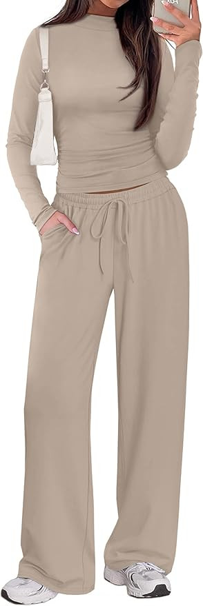 Sampeel Two Piece Lounge Set for Women 2 Piece Fall Outfits 2025 Mock Neck Ruched Tops Wide Leg P... | Amazon (US)