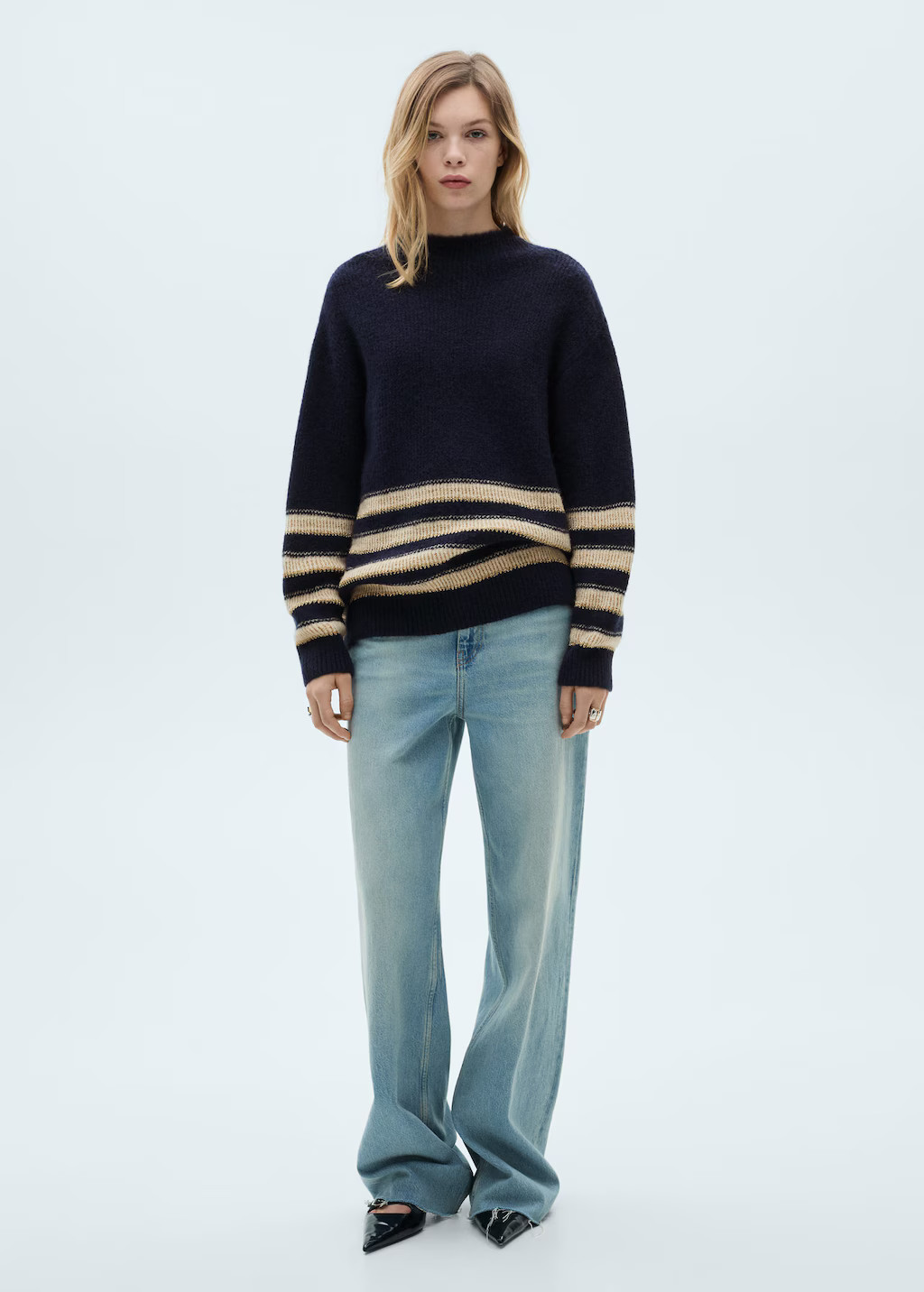 Striped sweater with perkins neck dark navy - Woman - S - MANGO | Mango (US/MX/AU)