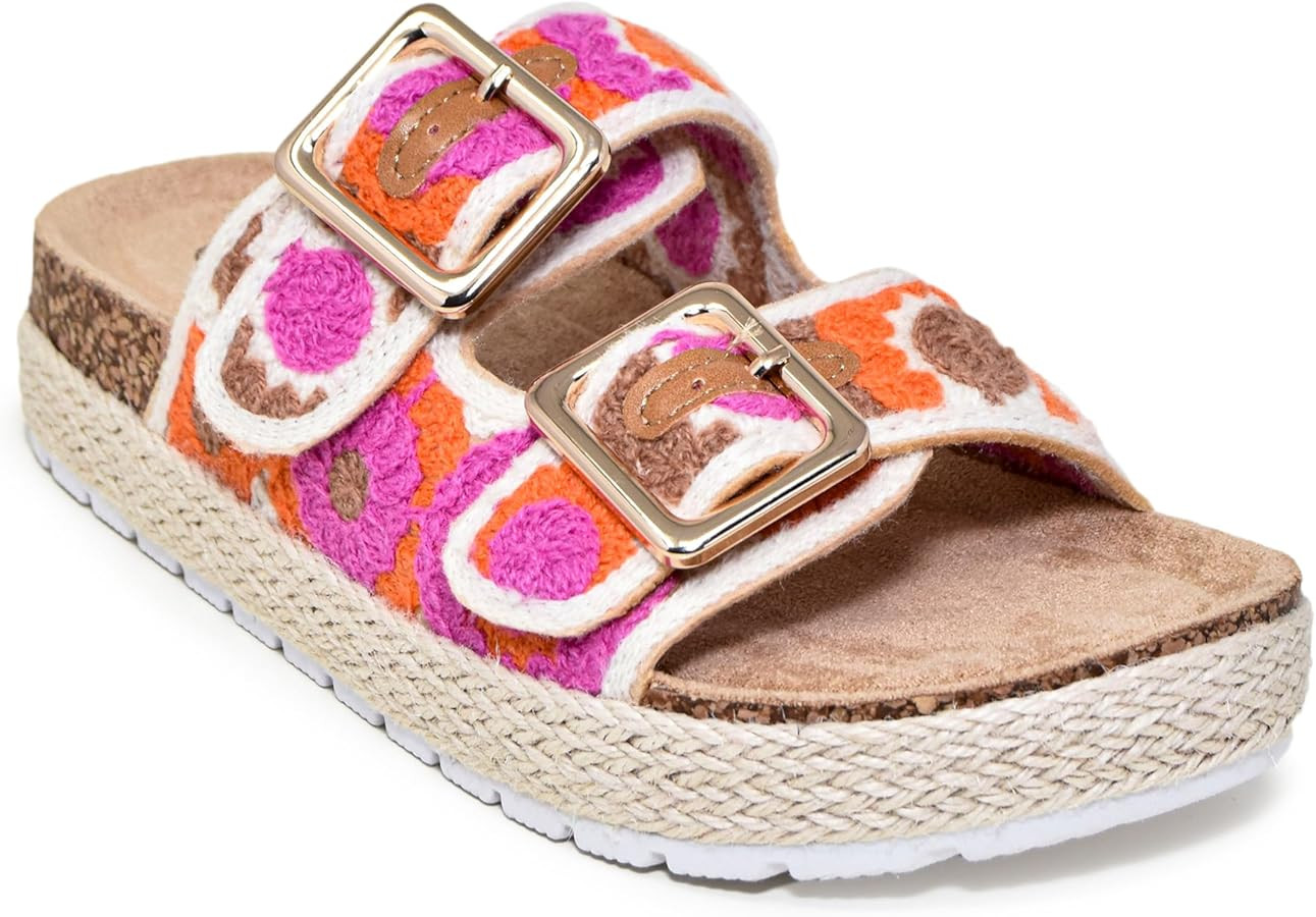 Women's Double Buckle Floral Crochet Cork Flat Sandals | Amazon (US)
