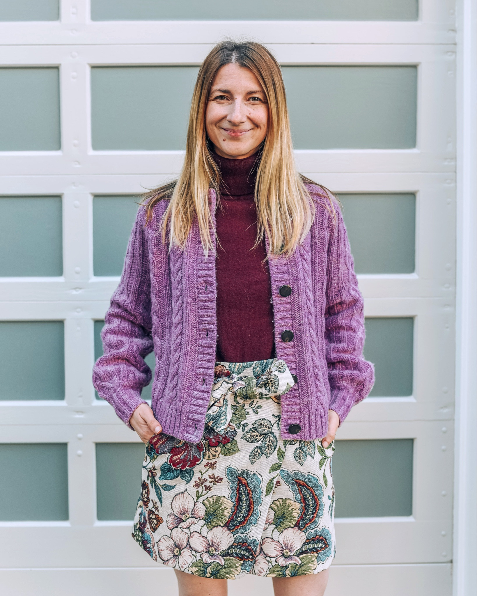 Cable knit fishermen’s cardigan in purple 🙌 no itch! Statement color. 