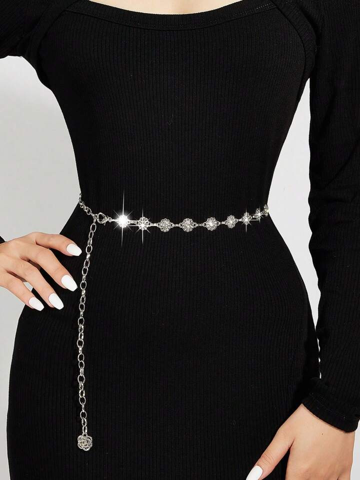 1pc Women's Rhinestone Decor Hollow Flower Shaped Silver Waist Chain, Versatile Accessory For Dresses, Suitable For Daily Wear, Party, Festival, Gift For Friends, Mother, Family, Girlfriend, Birthday, Valentine's Day | SHEIN