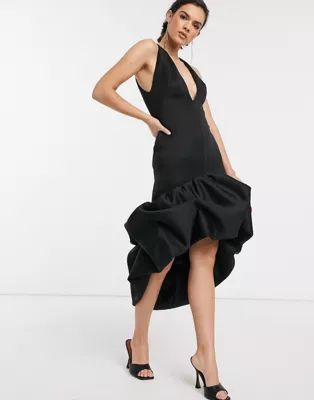 ASOS DESIGN plunge bubble hem high low maxi dress in black | ASOS (Global)