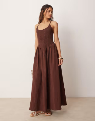 ASOS DESIGN scoop neck crinkle maxi dress with cross back in chocolate | ASOS | ASOS (Global)