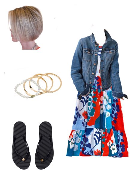 Cutest outfit for over 50 is a knee length brightly patterned sundress with a jean jacket, Tory Burch flip flops and classic jewelry. A great haircut is also a must!