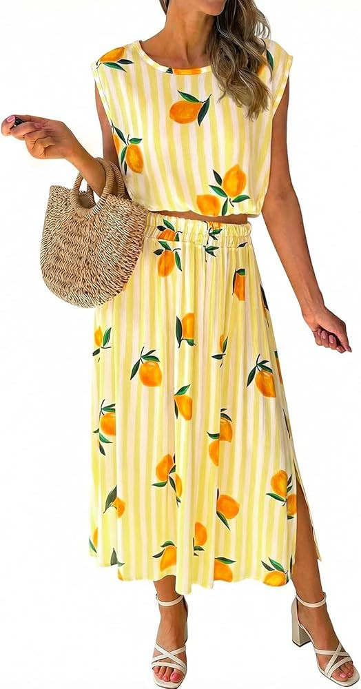 Tankaneo Womens Striped 2 Piece Skirt Sets Summer Lemon Print Sleeveless Tank Tops Maxi Dress Bea... | Amazon (US)