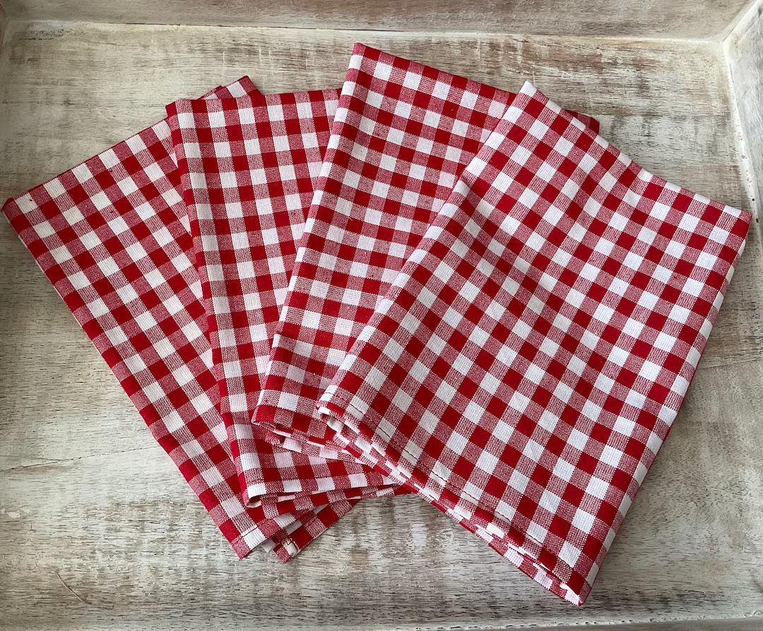 Retro Red Gingham Cloth Napkin Sets, Farmhouse Valentines Napkins, Red and White Check Dinner Nap... | Etsy (US)