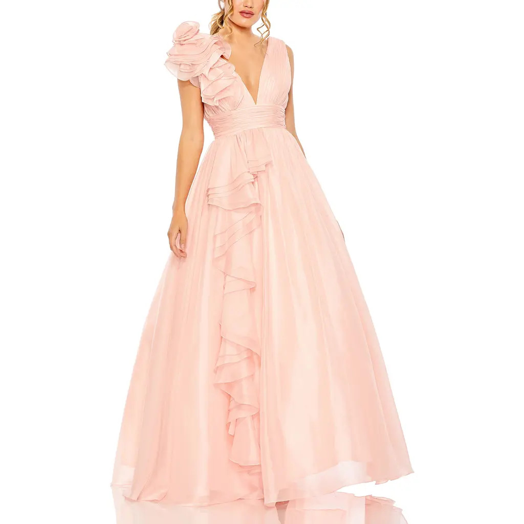 Mac Duggal Ruffle Shoulder V-Neck Chiffon Gown in Blush at Nordstrom, Size 2 | Nordstrom