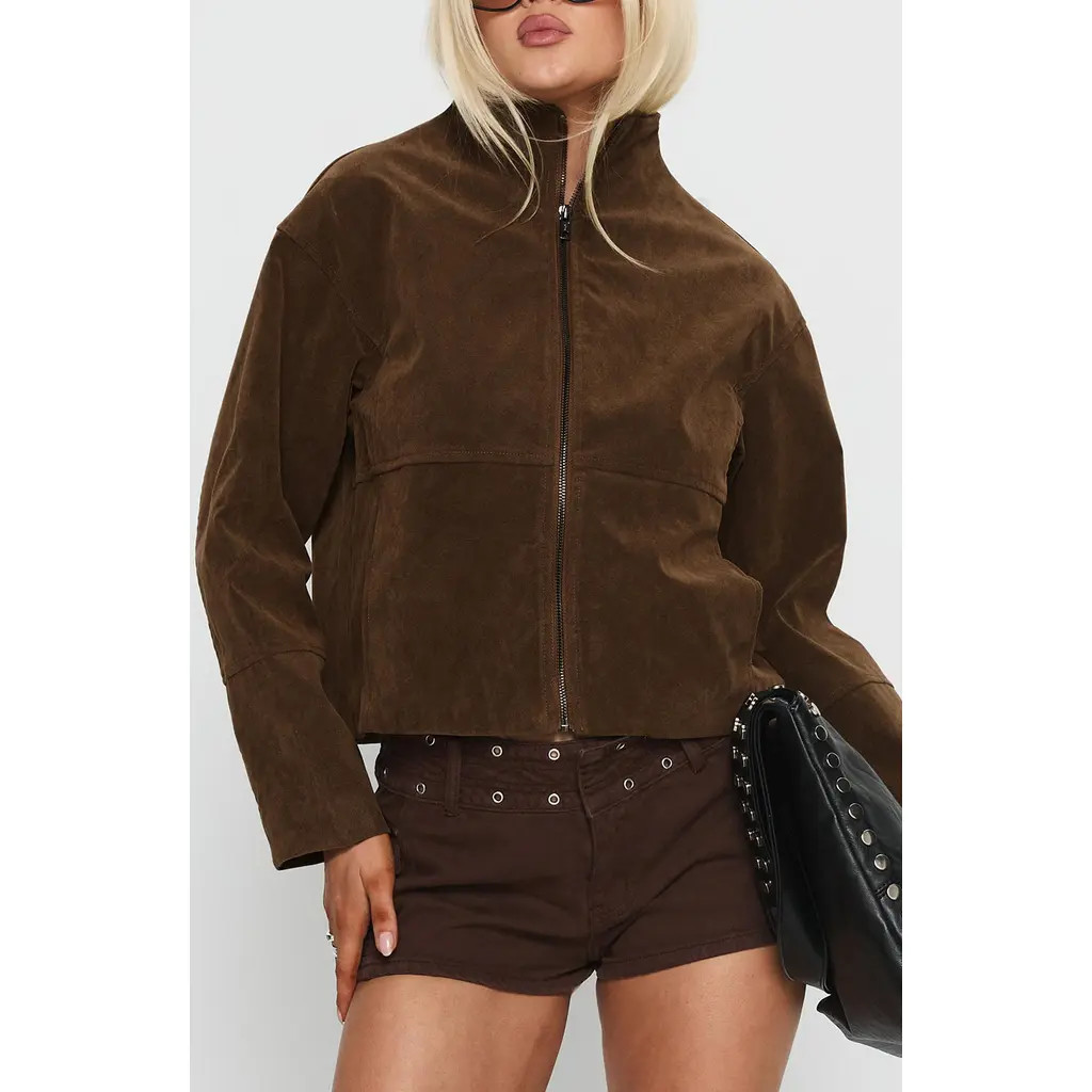 Princess Polly Jessalynn Faux Suede Full Zip Jacket in Brown at Nordstrom, Size 8 | Nordstrom