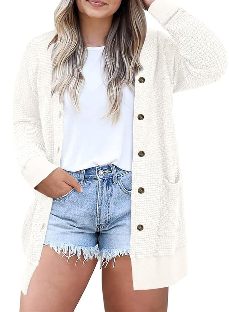 Eytino Womens Plus Size Cardigans Casual Long Sleeve Waffle Knit Front Button Tops(1X-5X) | Amazon (US)