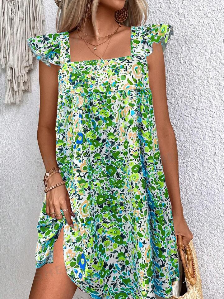 SHEIN VCAY Square Neck Puff Sleeve Knee Length Casual/Holiday Dress | SHEIN