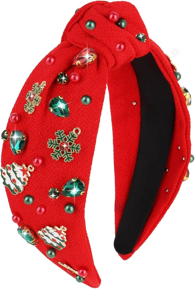 CAVETEE Christmas Headband for Women, Red Knotted Headband with Rhinestone Tree Snowflake Pearl C... | Amazon (US)