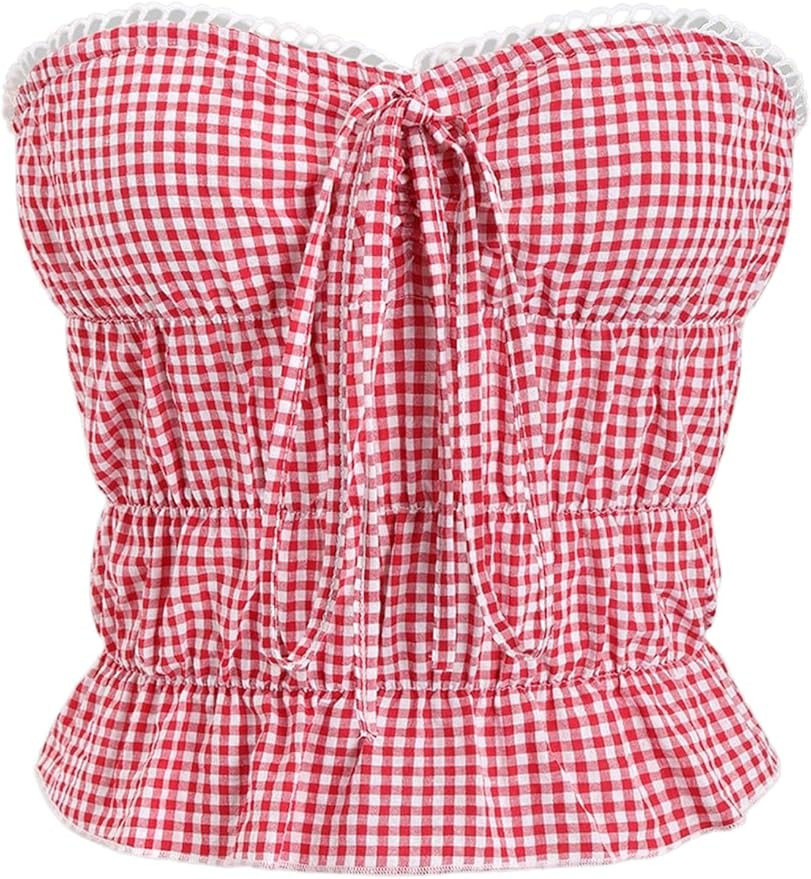 WDIRARA Women's Gingham Tube Crop Top Plaid Bow Ruffle Hem Y2k Bandeau Tops | Amazon (US)