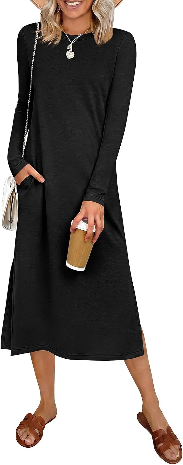 ANRABESS Women Wrinkle Free Long Sleeve Fall Midi Dress with Pockets | Amazon (US)