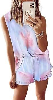 2pcs Womens Tie Dye Printed Ruffle Pajama Sets Lounger Sleep Leisure Wear | Amazon (US)