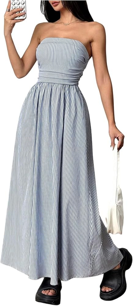 Milumia Women's Striped Strapless Maxi Dress Summer Flared Tube Top Long Dresses with Pocket | Amazon (US)