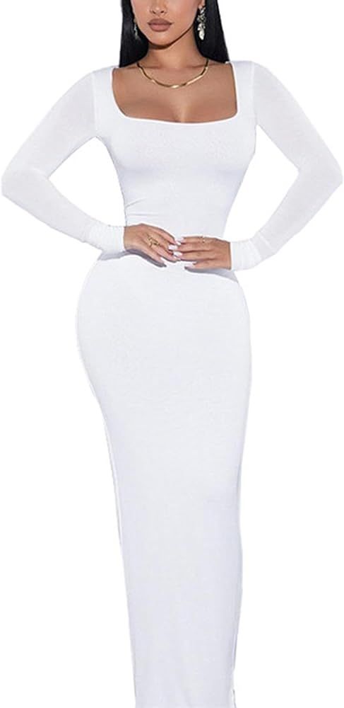 Doweha Women's Square Neck Long Sleeve Maxi Dress Sexy Knit Bodycon Long Dress for Women | Amazon (US)