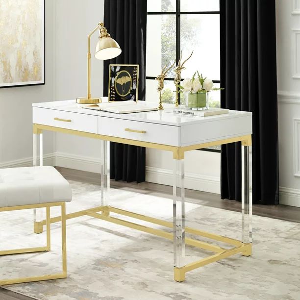 Inspired Home Alena Writing Desk 2 Drawers High Gloss Acrylic Legs Gold Stainless Steel Base Mode... | Walmart (US)