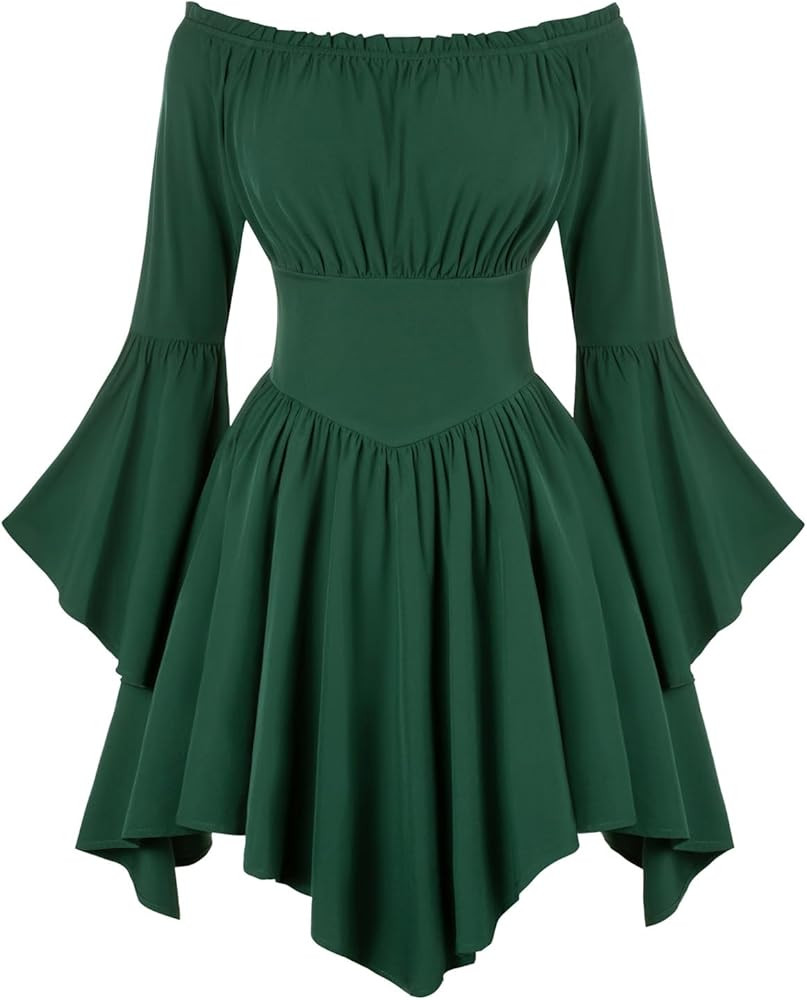 Scarlet Darkness Women Renaissance Costume Dress Off Shoulder Bell Sleeve Handkerchief Dress | Amazon (US)